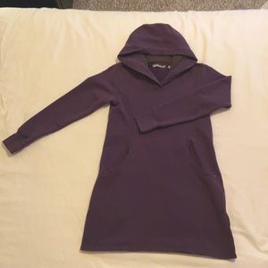 Deep purple casual winter aline dress with deep pockets and hoodie.